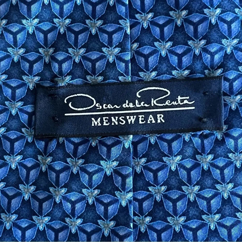 Oscar de la Renta 100% Silk Designer Tie Blue Geometric Retro Luxury‎ Necktie